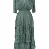 Green polyester-blend metallic crinkle crêpe wrap-effect half-sleeve midi dress with smocked waistband and tiered skirt