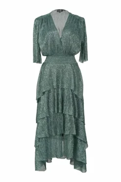 Green polyester-blend metallic crinkle crêpe wrap-effect half-sleeve midi dress with smocked waistband and tiered skirt