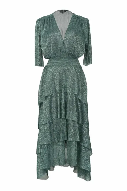 Green polyester-blend metallic crinkle crêpe wrap-effect half-sleeve midi dress with smocked waistband and tiered skirt