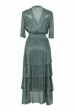 Green polyester-blend metallic crinkle crêpe wrap-effect half-sleeve midi dress with smocked waistband and tiered skirt