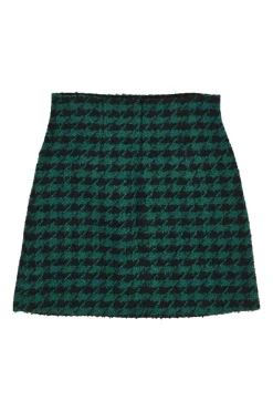 Green polyester-wool-blend houndstooth tweed mini skirt with contrast piping details
