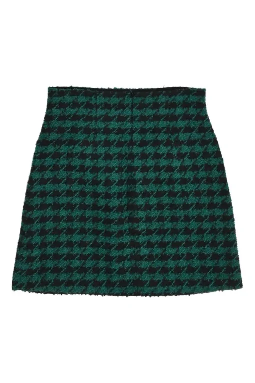 Green polyester-wool-blend houndstooth tweed mini skirt with contrast piping details
