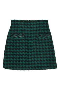 Green polyester-wool-blend houndstooth tweed mini skirt with contrast piping details