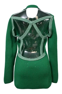 Green polypropylene Ottoman knit convertible crewneck pullover sweater with cutout panel