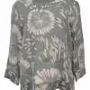 Green ramie floral print cropped sleeve blouse with concealed rear fastening