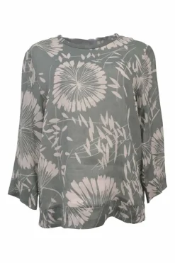 Green ramie floral print cropped sleeve blouse with concealed rear fastening