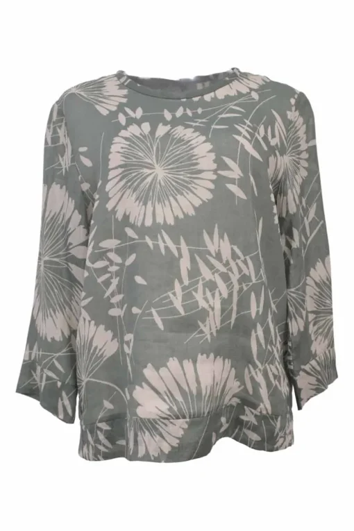 Green ramie floral print cropped sleeve blouse with concealed rear fastening