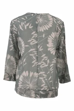 Green ramie floral print cropped sleeve blouse with concealed rear fastening
