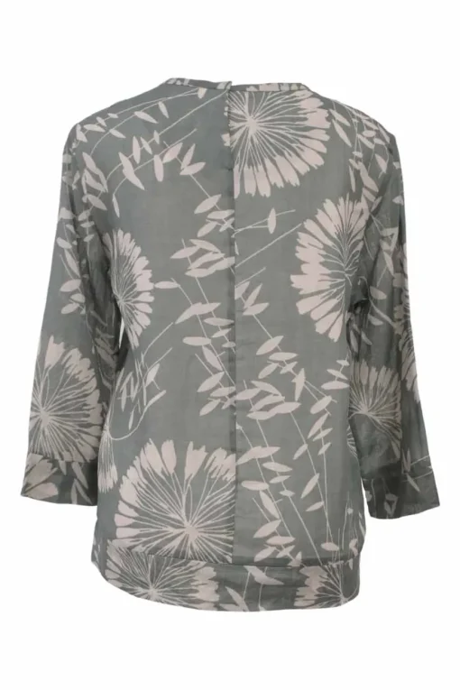 Green ramie floral print cropped sleeve blouse with concealed rear fastening