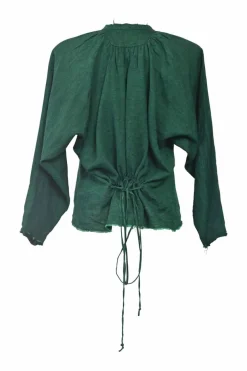 Green raw-edge over-dyed linen band collar half-button pullover dolman sleeve tie-back blouse