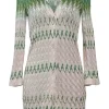Green rayon-blend fully-fashioned wide-gauge chevron stripe cable knit plunge neck mini dress