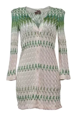 Green rayon-blend fully-fashioned wide-gauge chevron stripe cable knit plunge neck mini dress