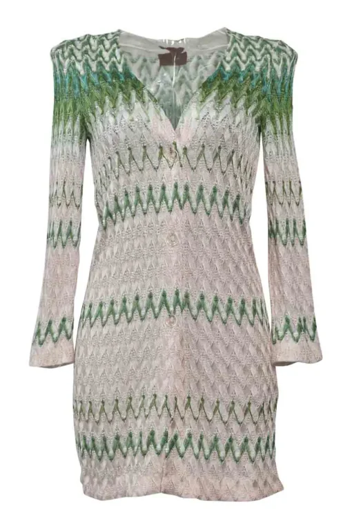 Green rayon-blend fully-fashioned wide-gauge chevron stripe cable knit plunge neck mini dress