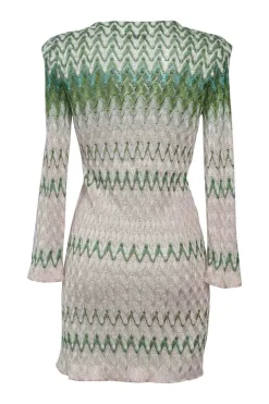 Green rayon-blend fully-fashioned wide-gauge chevron stripe cable knit plunge neck mini dress