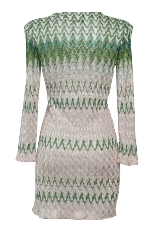 Green rayon-blend fully-fashioned wide-gauge chevron stripe cable knit plunge neck mini dress