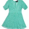 Green semi-sheer silk Poison Ivy Ozzie short sleeve plunge micro-mini skater dress