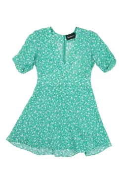 Green semi-sheer silk Poison Ivy Ozzie short sleeve plunge micro-mini skater dress