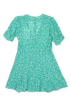 Green semi-sheer silk Poison Ivy Ozzie short sleeve plunge micro-mini skater dress