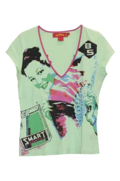 Green sequined cotton jersey pullover v-neck t-shirt featuring kitsch new wave portrait