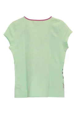 Green sequined cotton jersey pullover v-neck t-shirt featuring kitsch new wave portrait