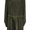 Green sequin-embellished viscose Grace bateau neck keyhole-back shift dress with blouson sleeves and self-tie belt
