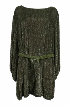 Green sequin-embellished viscose Grace bateau neck keyhole-back shift dress with blouson sleeves and self-tie belt