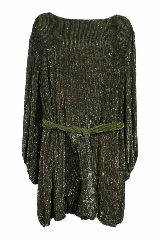 Green sequin-embellished viscose Grace bateau neck keyhole-back shift dress with blouson sleeves and self-tie belt