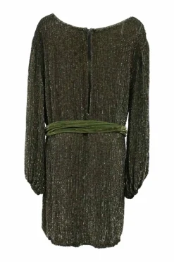 Green sequin-embellished viscose Grace bateau neck keyhole-back shift dress with blouson sleeves and self-tie belt