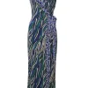 Green silk abstract graphic digi print sleeveless wrap column dress with adjustable tie-waist fastening