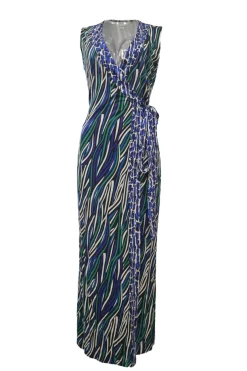 Green silk abstract graphic digi print sleeveless wrap column dress with adjustable tie-waist fastening