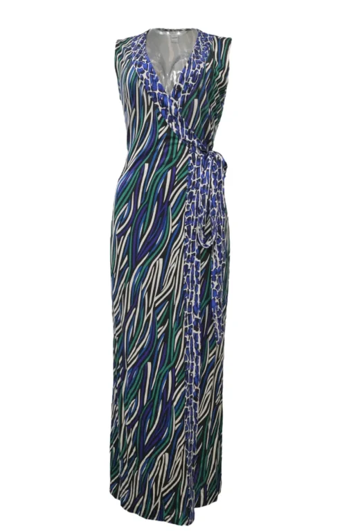 Green silk abstract graphic digi print sleeveless wrap column dress with adjustable tie-waist fastening