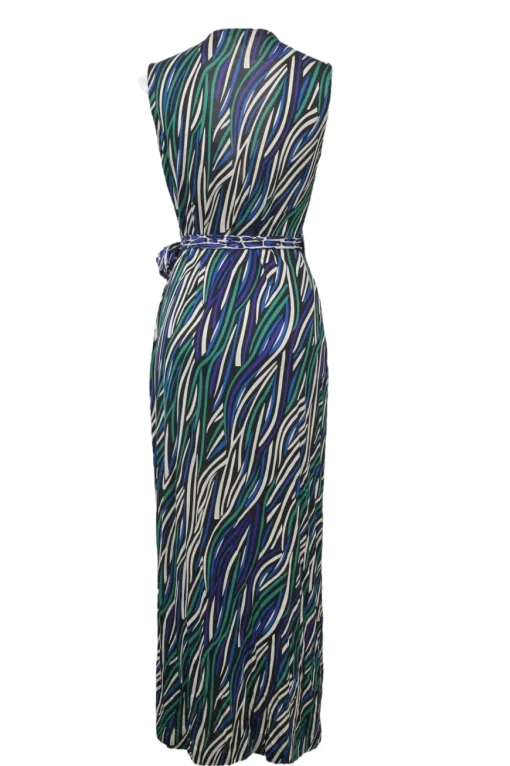 Green silk abstract graphic digi print sleeveless wrap column dress with adjustable tie-waist fastening