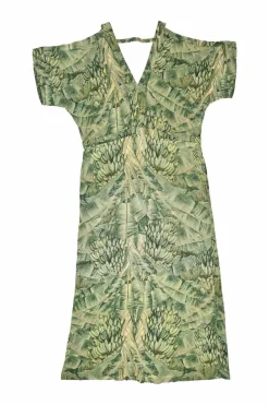 Green silk botanical print plunge neck A-line knee-length dress with kimono sleeves