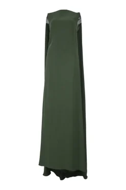 Green silk cady portrait neck sleeveless cape gown