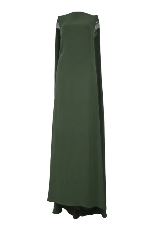 Green silk cady portrait neck sleeveless cape gown