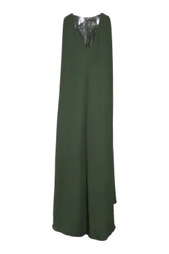 Green silk cady portrait neck sleeveless cape gown
