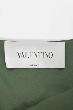 Green silk cady portrait neck sleeveless cape gown