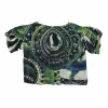Green silk digi-print flounce sleeve cropped top