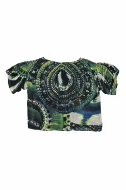 Green silk digi-print flounce sleeve cropped top