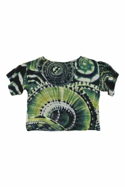 Green silk digi-print flounce sleeve cropped top