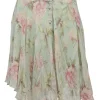 Green silk floral print handkerchief knee-length skirt with lettuce hem