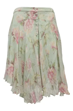 Green silk floral print handkerchief knee-length skirt with lettuce hem