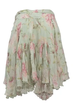 Green silk floral print handkerchief knee-length skirt with lettuce hem