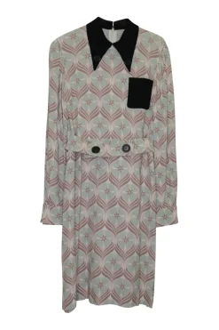 Green silk floral print midi A-line belted dress with contrast point collar and chest patch pocket