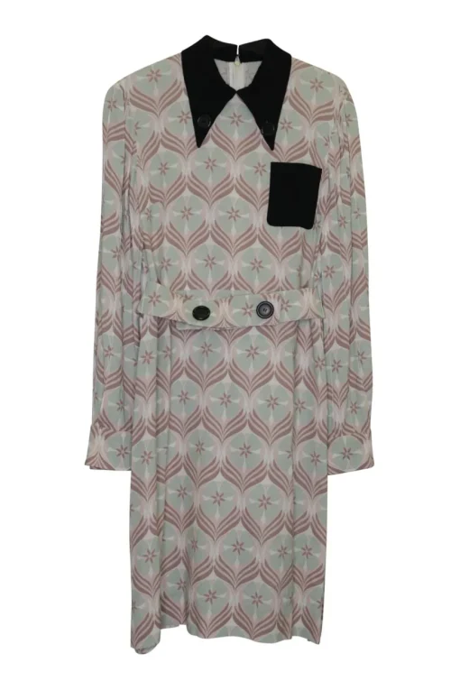Green silk floral print midi A-line belted dress with contrast point collar and chest patch pocket