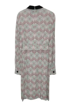 Green silk floral print midi A-line belted dress with contrast point collar and chest patch pocket