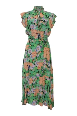 Green silk floral print tie-neck keyhole-front A-line midi dress with flutter sleeves and self-tie waist fastening