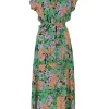 Green silk floral print tie-neck keyhole-front midi A-line dress with ruffle collar, flutter sleeves, and self-tie waist fastening