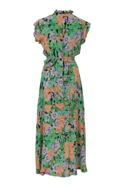 Green silk floral print tie-neck keyhole-front midi A-line dress with ruffle collar, flutter sleeves, and self-tie waist fastening