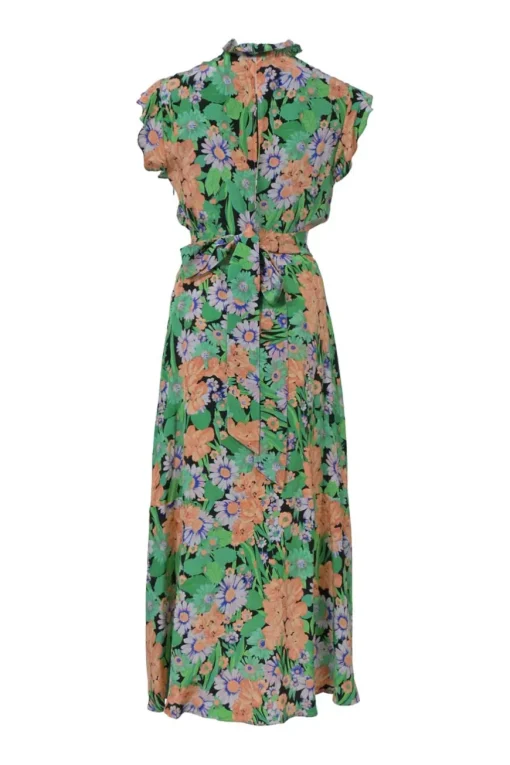 Green silk floral print tie-neck keyhole-front midi A-line dress with ruffle collar, flutter sleeves, and self-tie waist fastening